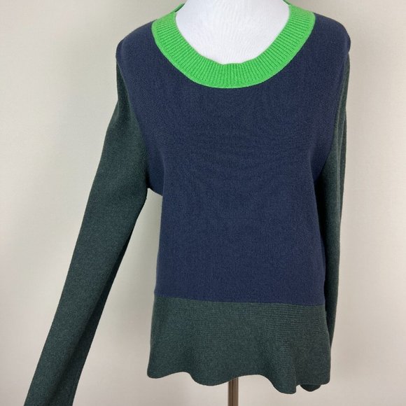 Tome Sweater Women Large Navy Green Colorblock Merino Wool Cotton Slit Peplum - Picture 15 of 15